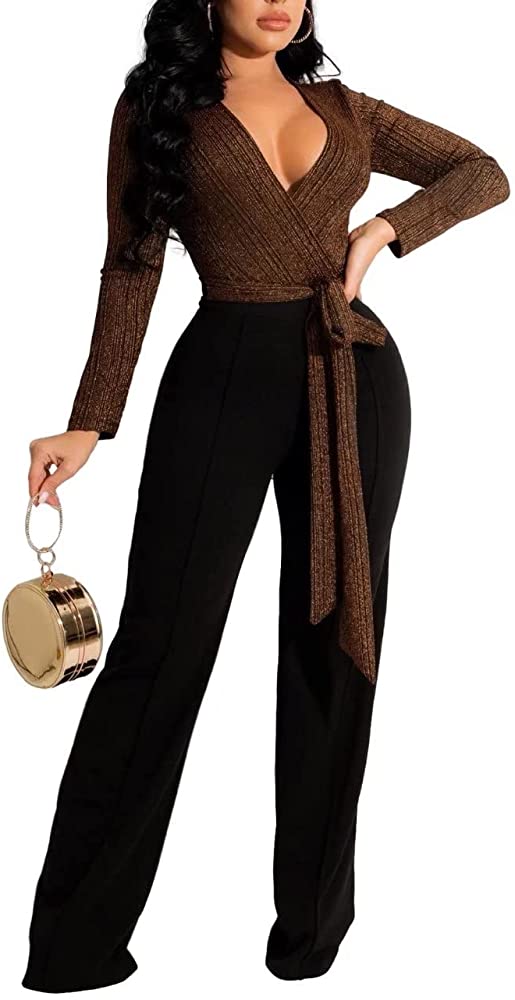 Women's Gold Fashion Casual Patchwork Sequins V Neck Regular Jumpsuits - Ebonys Beauty Brand