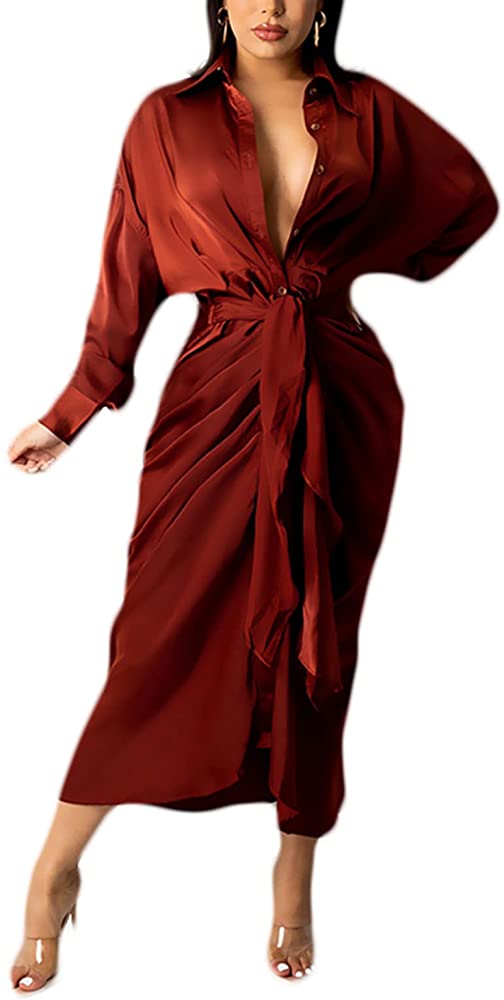 Women's Satin Button Down Dress for Women Long Sleeve Ruched Front Tie up Wrap Satin Maxi Dress - Ebonys Beauty Brand
