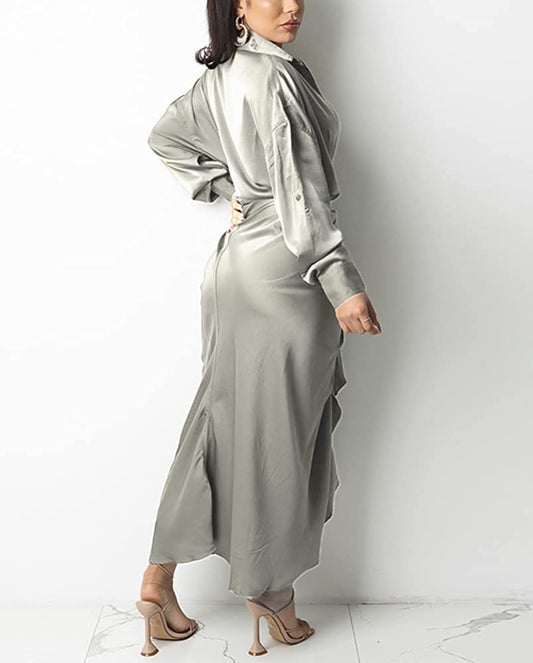 Women's Satin Button Down Dress for Women Long Sleeve Ruched Front Tie up Wrap Satin Maxi Dress - Ebonys Beauty Brand
