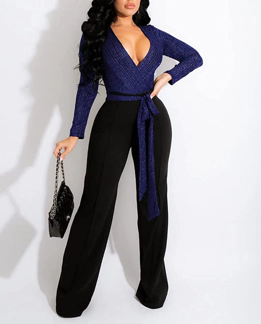 Women's Blue Fashion Casual Patchwork Sequins V Neck Jumpsuits - Ebonys Beauty Brand
