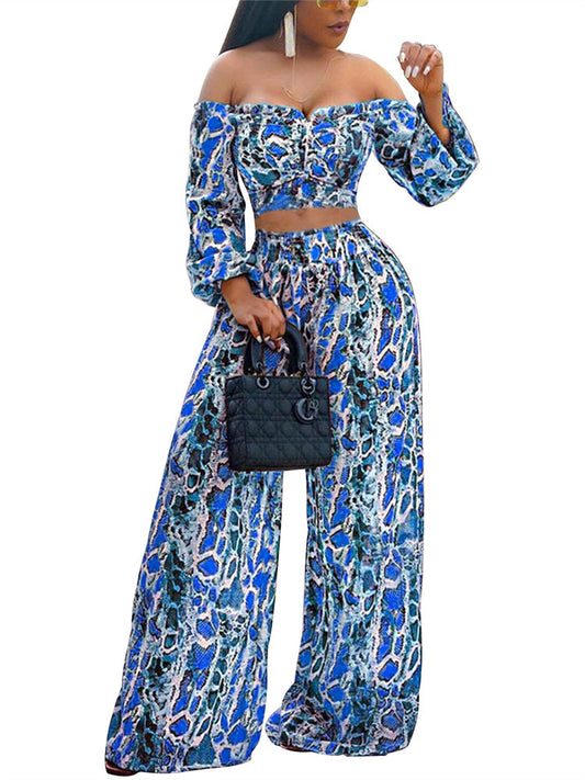 Women's Off shoulder Crop Top Blue Snake Print Pants Set - Ebonys Beauty Brand