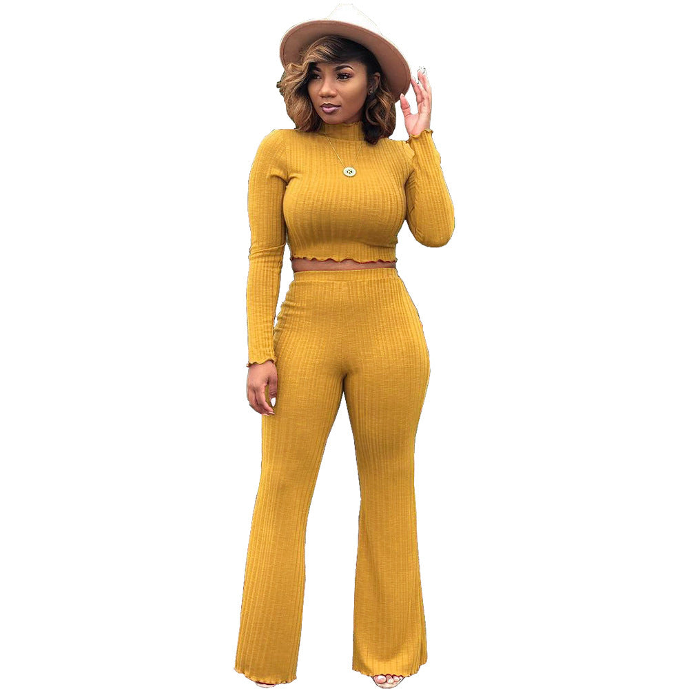 Women's Long Sleeve Crop Top 2Pc Pants Set/Yellow - Ebonys Beauty Brand