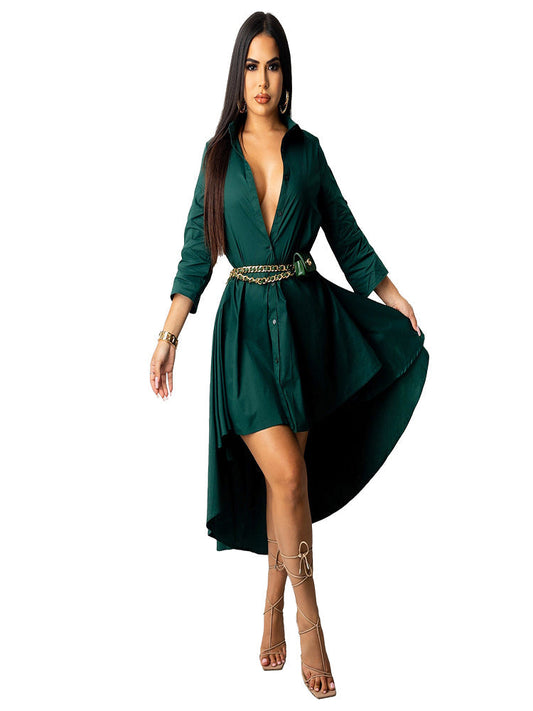 Womens Shirt Dress High Low Asymmetric Ruffle Swing Flowy Midi Dress - Ebonys Beauty Brand