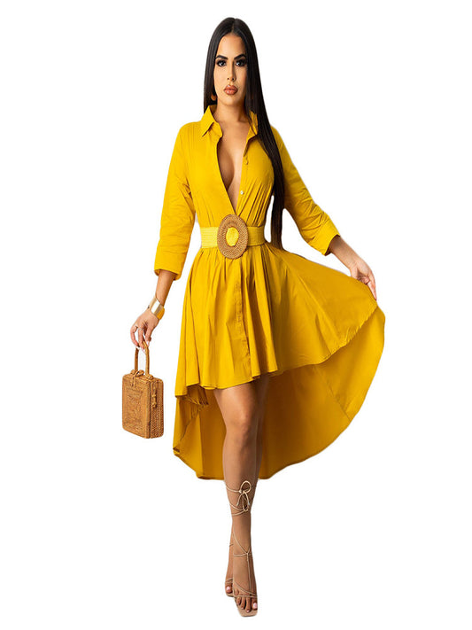 Womens Shirt Dress High Low Asymmetric Ruffle Swing Flowy Midi Dress - Ebonys Beauty Brand