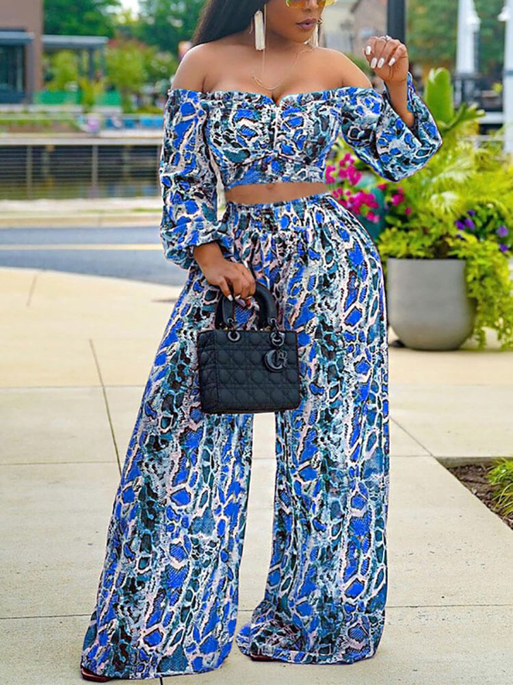 Women's Off shoulder Crop Top Blue Snake Print Pants Set - Ebonys Beauty Brand