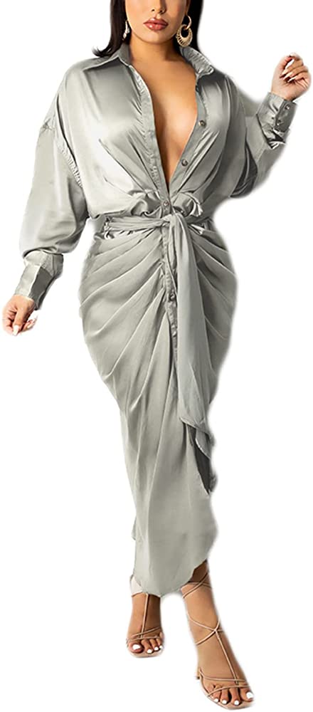 Women's Satin Button Down Dress for Women Long Sleeve Ruched Front Tie up Wrap Satin Maxi Dress - Ebonys Beauty Brand