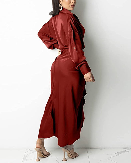 Women's Satin Button Down Dress for Women Long Sleeve Ruched Front Tie up Wrap Satin Maxi Dress - Ebonys Beauty Brand