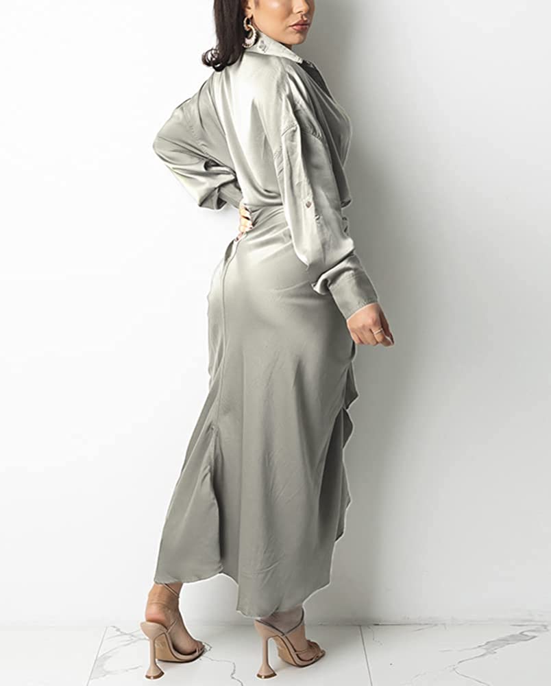 Women's Satin Button Down Dress for Women Long Sleeve Ruched Front Tie up Wrap Satin Maxi Dress - Ebonys Beauty Brand