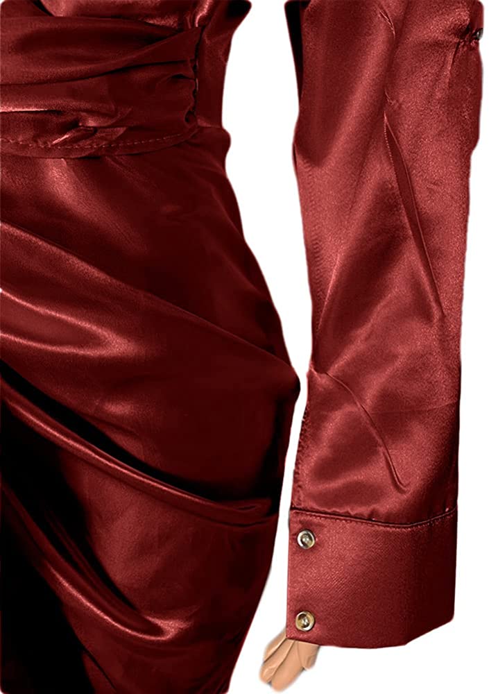 Women's Satin Button Down Dress for Women Long Sleeve Ruched Front Tie up Wrap Satin Maxi Dress - Ebonys Beauty Brand
