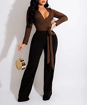 Women's Gold Fashion Casual Patchwork Sequins V Neck Regular Jumpsuits - Ebonys Beauty Brand
