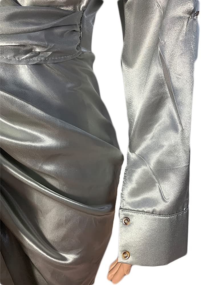 Women's Satin Button Down Dress for Women Long Sleeve Ruched Front Tie up Wrap Satin Maxi Dress - Ebonys Beauty Brand