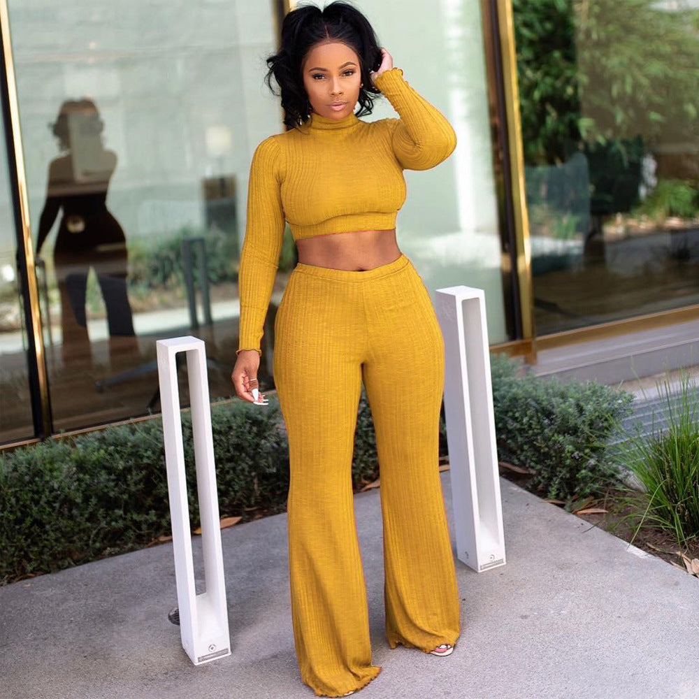Women's Long Sleeve Crop Top 2Pc Pants Set/Yellow - Ebonys Beauty Brand