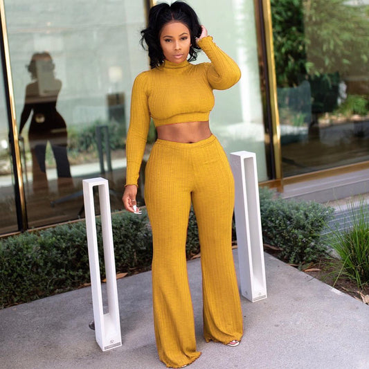 Women's Long Sleeve Crop Top 2Pc Pants Set/Yellow - Ebonys Beauty Brand