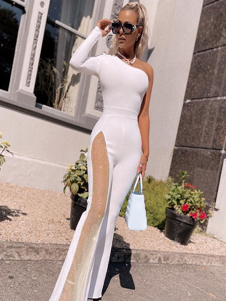 Wide Leg jumpsuit for Women One off the Shoulder Mesh See Through Skinny Leggings